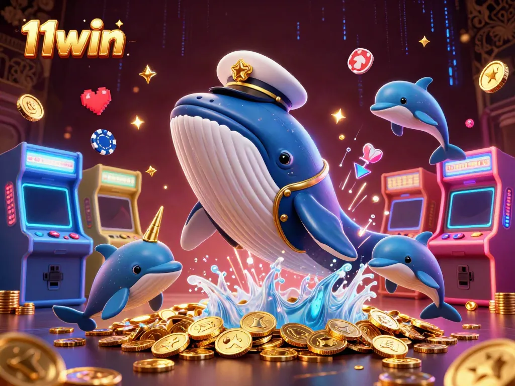 Engage with 11win's vibrant 3D casino scene showcasing a whale, narwhal, and dolphins amid coins and game machines.