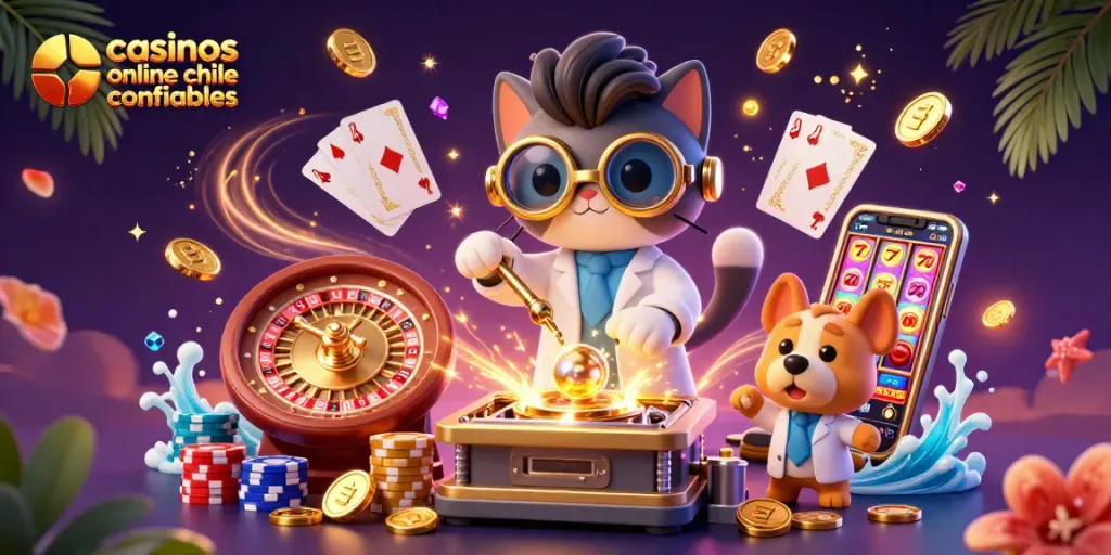 Explora los casinos online Chile confiables con un ilustrativo de un gato científico y su perro lab asistente en un entorno vibrante.
