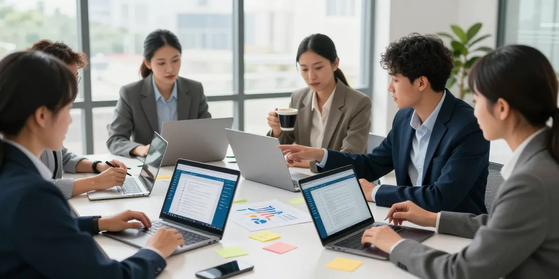 团队在现代办公室中使用WPS Office进行协作的场景，展示办公软件的高效协作功能。