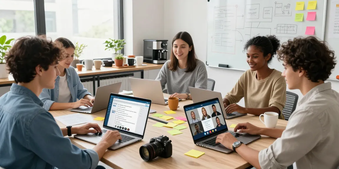 Group of professionals utilizing Telegram网页版 for remote collaboration in a bright workspace.