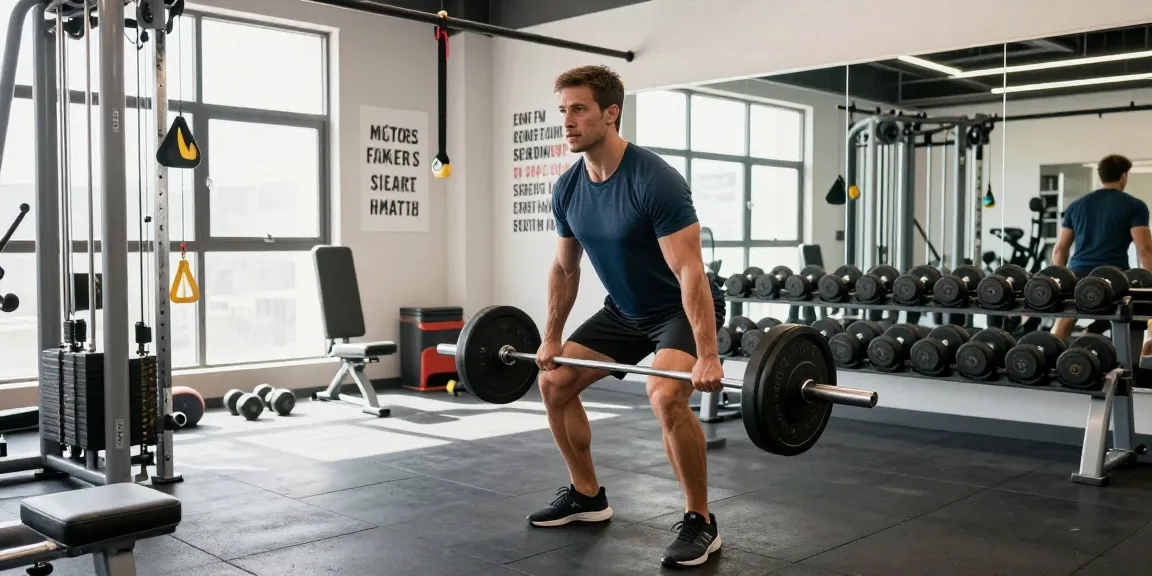 Entrenador en Esteroidesshop levantando pesas en gimnasio moderno, motivación y fuerza.