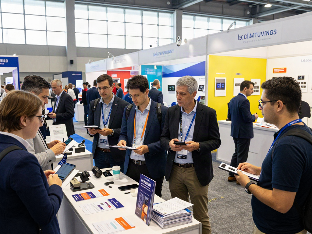 Expositores engaging attendees at a vibrant conference with interactive displays and networking moments.