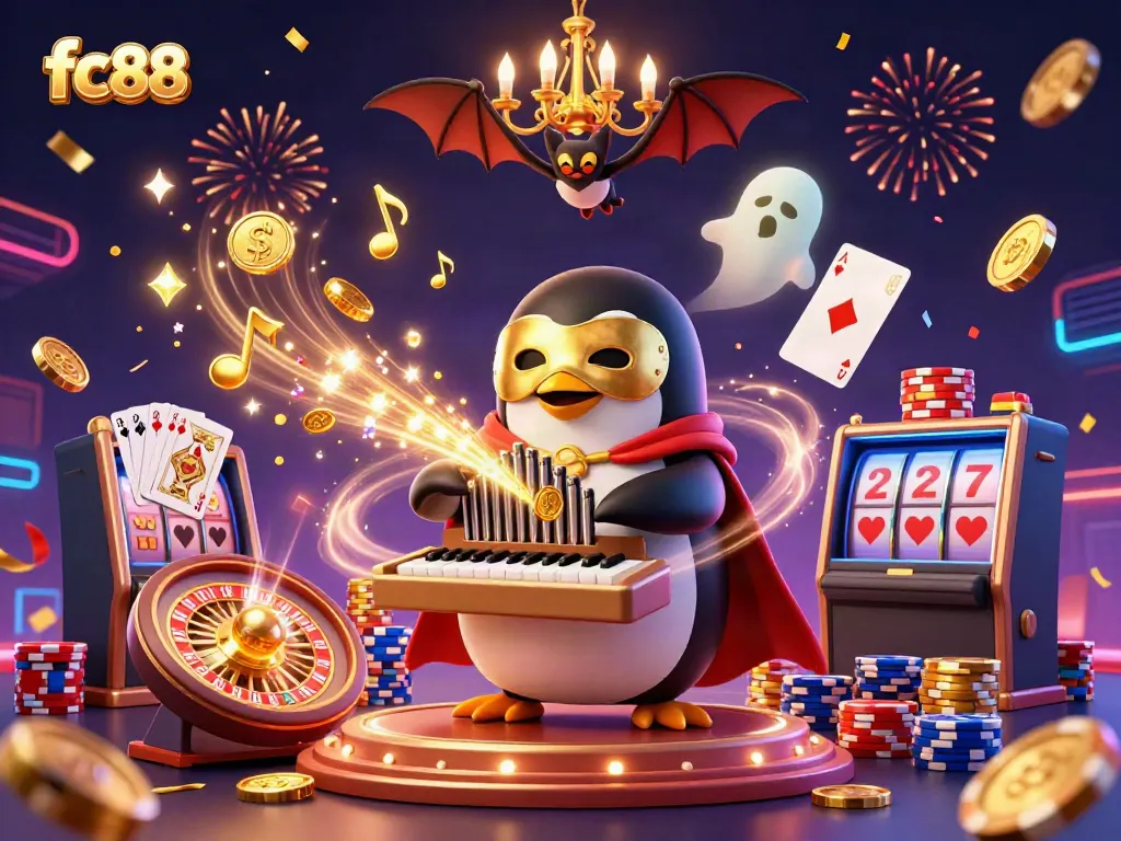 Experience exhilarating casino action with fc88: a 3D penguin and bat amid golden coins and roulette.