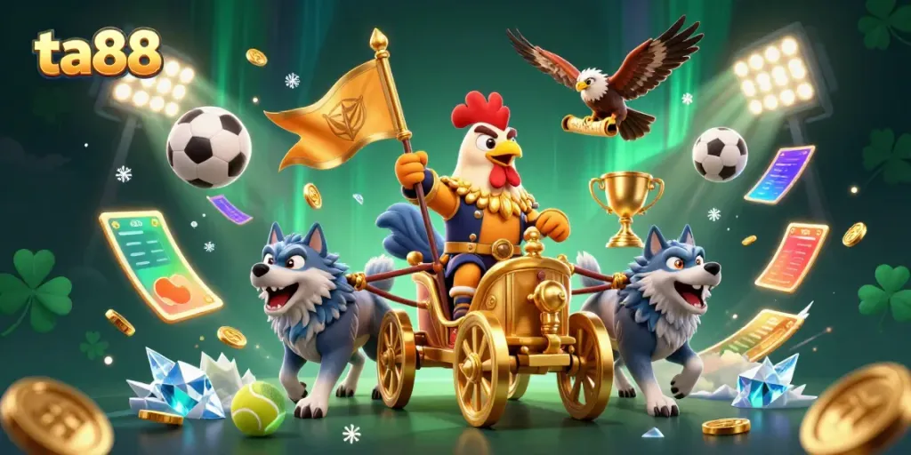 ta88 offers a thrilling online gaming experience with a vibrant 3D illustration showcasing a rooster warlord in action amidst sports elements.