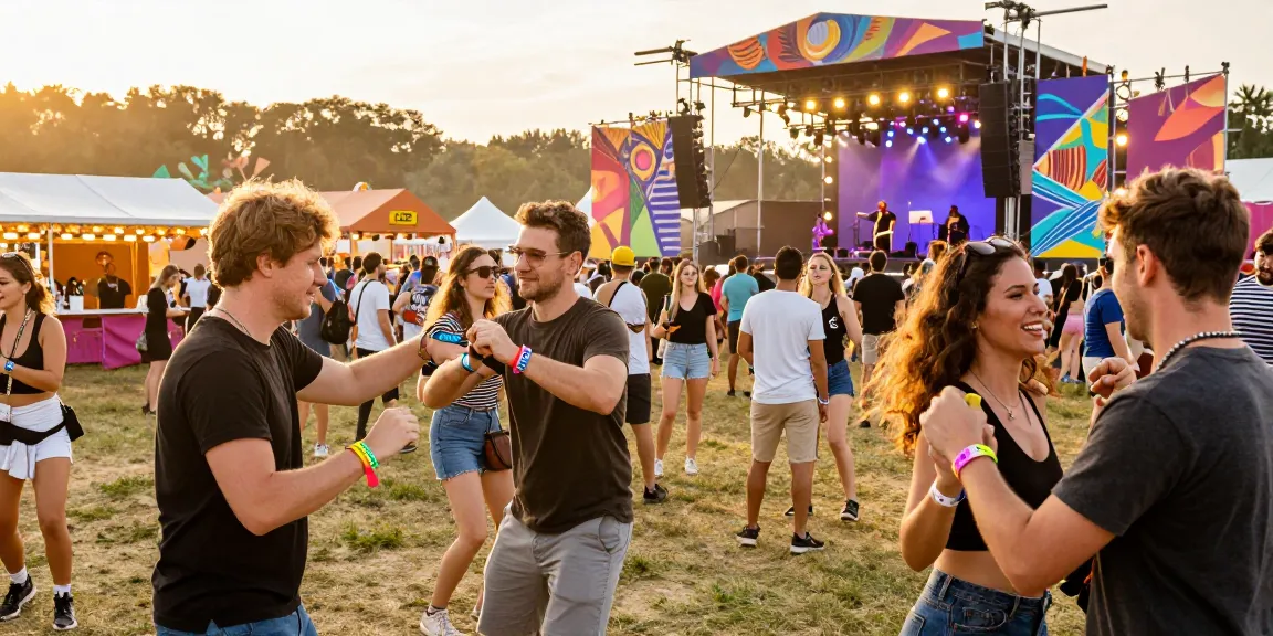 Attendees wearing pulseras electrónicas para festivales enjoy vibrant festival atmosphere, showcasing dynamic activities and lively interactions.