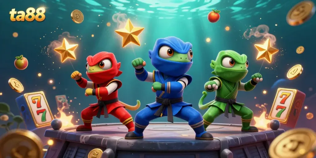 Experience the thrill of ta88 with ninja chameleons showcasing exciting jackpot reels and coin bursts.