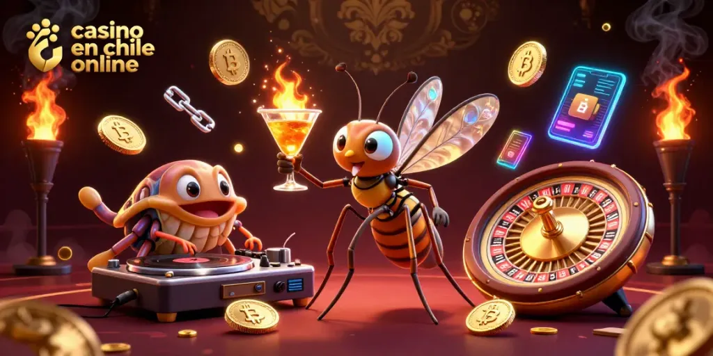 El casino en chile online ofrece una experiencia vibrante con gemas digitales y personajes casino en un entorno iluminado.