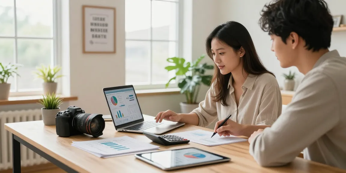 Couple calculating mortgage options using a laptop to calcular hipoteca in a modern home office.