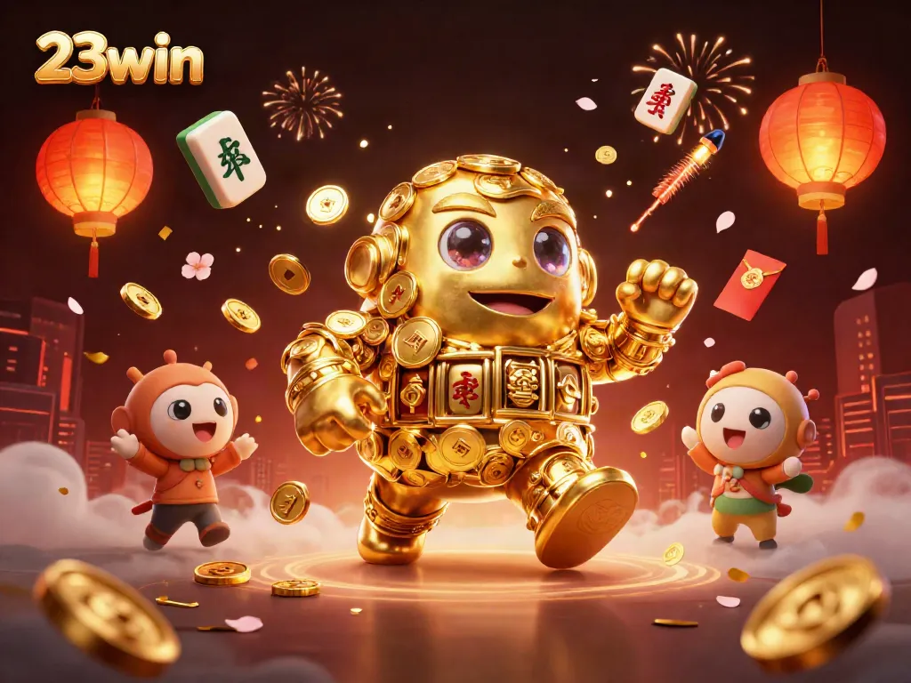 Engage with the thrilling world of 23win featuring a dynamic golden golem and casino elements.