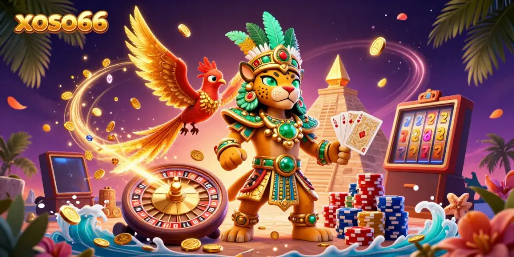 Experience thrilling wins with xoso66 games as colorful chips and coins cascade around a vibrant casino scene.