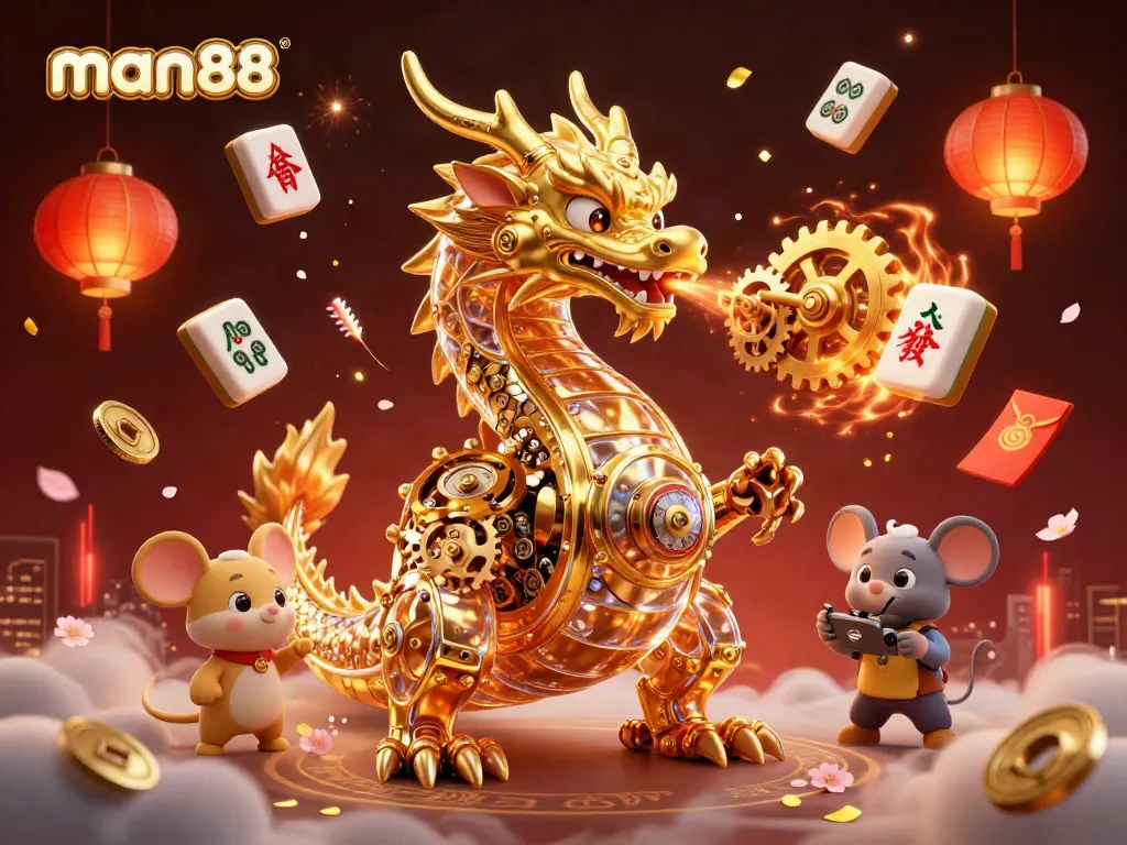 Engage with man88's vibrant casino atmosphere featuring a golden dragon and festive elements.