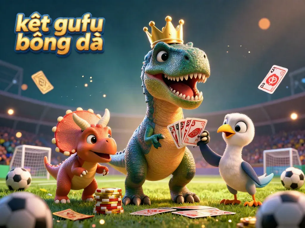The scene showcases kết quả bóng đá with a friendly T-Rex, a pterodactyl, and a triceratops in a vibrant stadium filled with gold coins and betting slips.