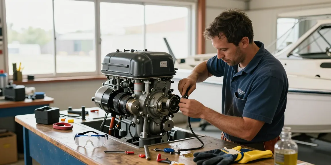 Mecánico naval cerca de mí trabajando en la reparación de motores de barco en un taller brillante y bien organizado.