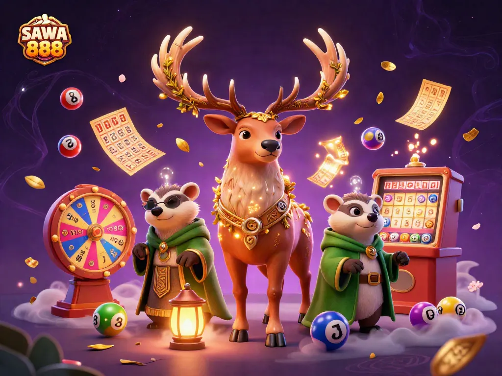 Engage with SAWA 888 through vibrant lottery balls and mystical characters in this dynamic casino illustration.