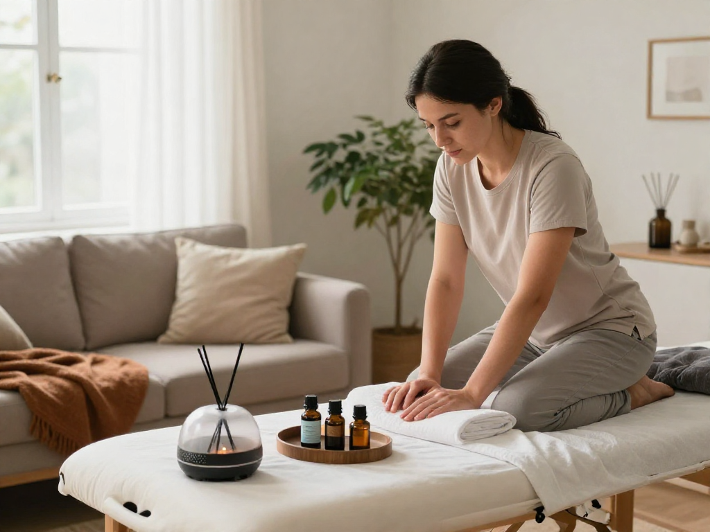 Relaxing 수원출장안마 therapy scene in a cozy living room, professional therapist ready with oils and calming ambiance.