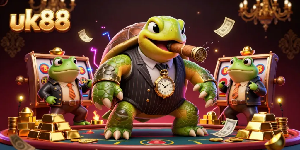Experience exciting gameplay at uk88 with a massive snapping turtle and bullfrogs in a vibrant casino.