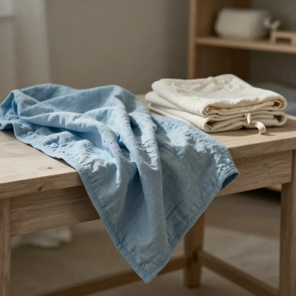 Manta muselina azul cielo sobre lino y madera, con luz suave y aire difuso.