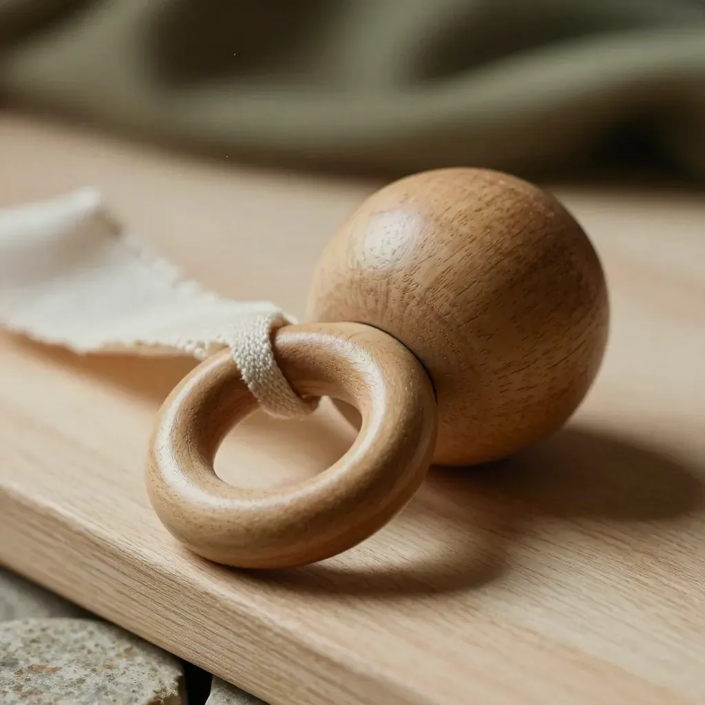 Sonajero de madera natural con cinta de lino y tela crema, en macro sobre madera clara.
