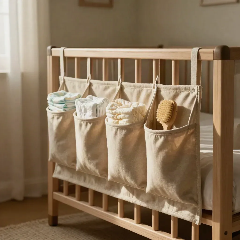 Organizador de cuna beige con pañales, muselinas y cepillo colgado en una cuna de madera clara.