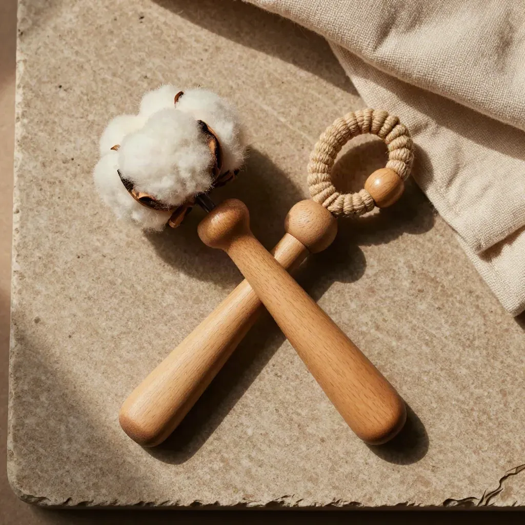 Flatlay cenital de dos chupeteros de algodón y madera cruzados en X sobre piedra clara.