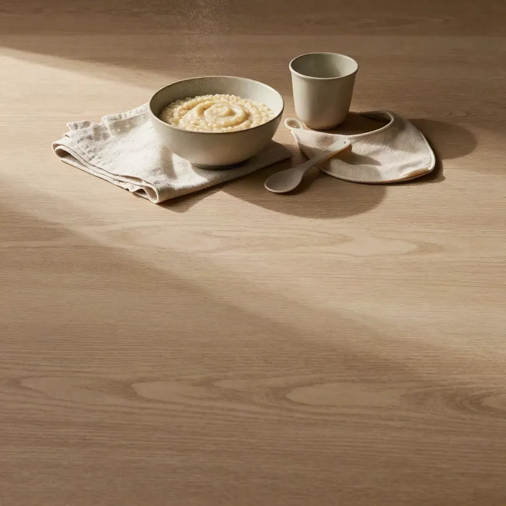 Mesa de roble claro con cuenco, servilleta y vaso neutro en luz suave.