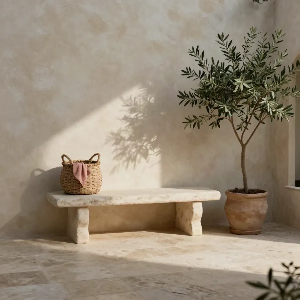Patio tranquilo con banco de piedra, pared encalada y cesta junto a una planta en luz suave.