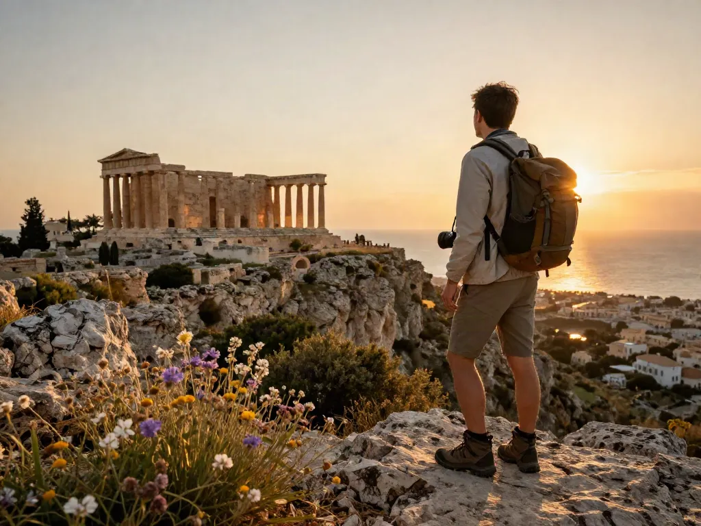 Viajero contemplando las ruinas antiguas de Siracusa mientras se pone el sol, reflejando el espíritu del the-sierakaudalo.