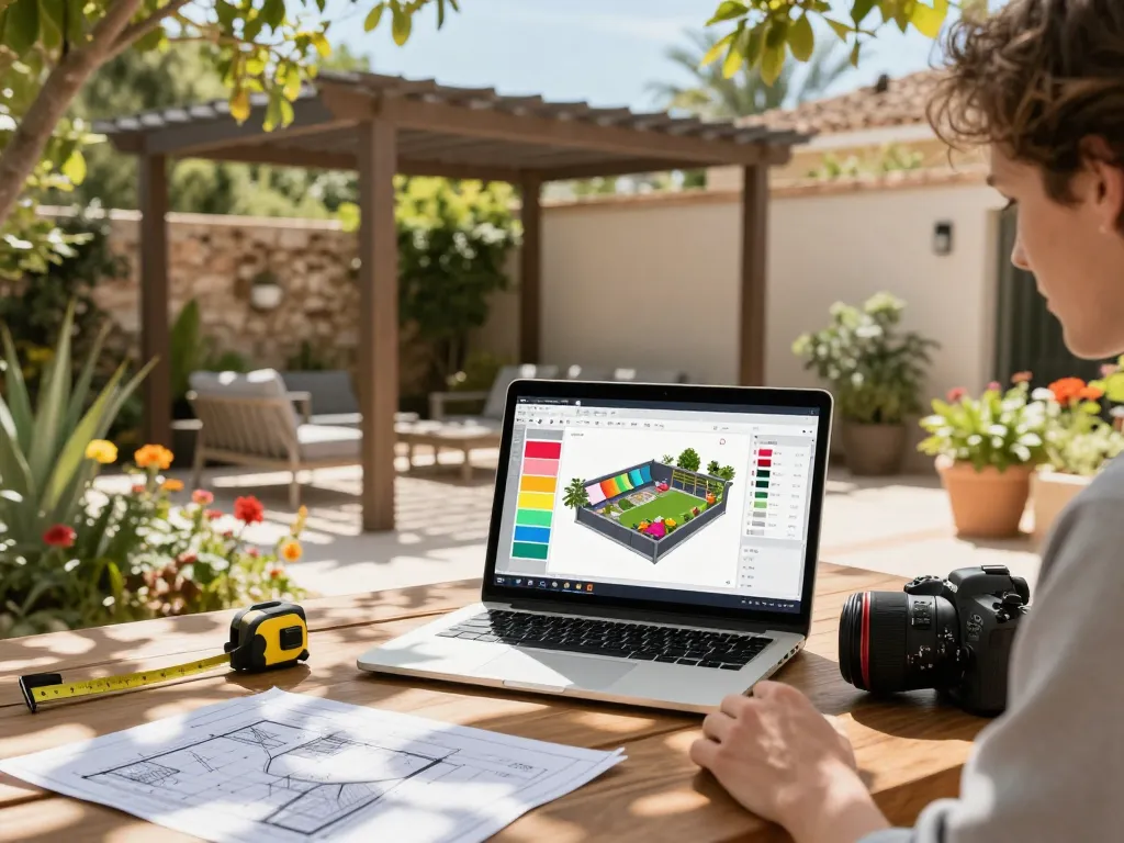 Configurador 3D interactivo para diseñar pérgolas personalizadas en hermosos entornos al aire libre en España.