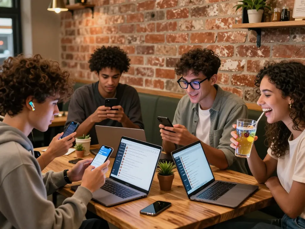 Engaging group using ai chat nsfw in a cozy café setting, illustrating playful digital conversations.