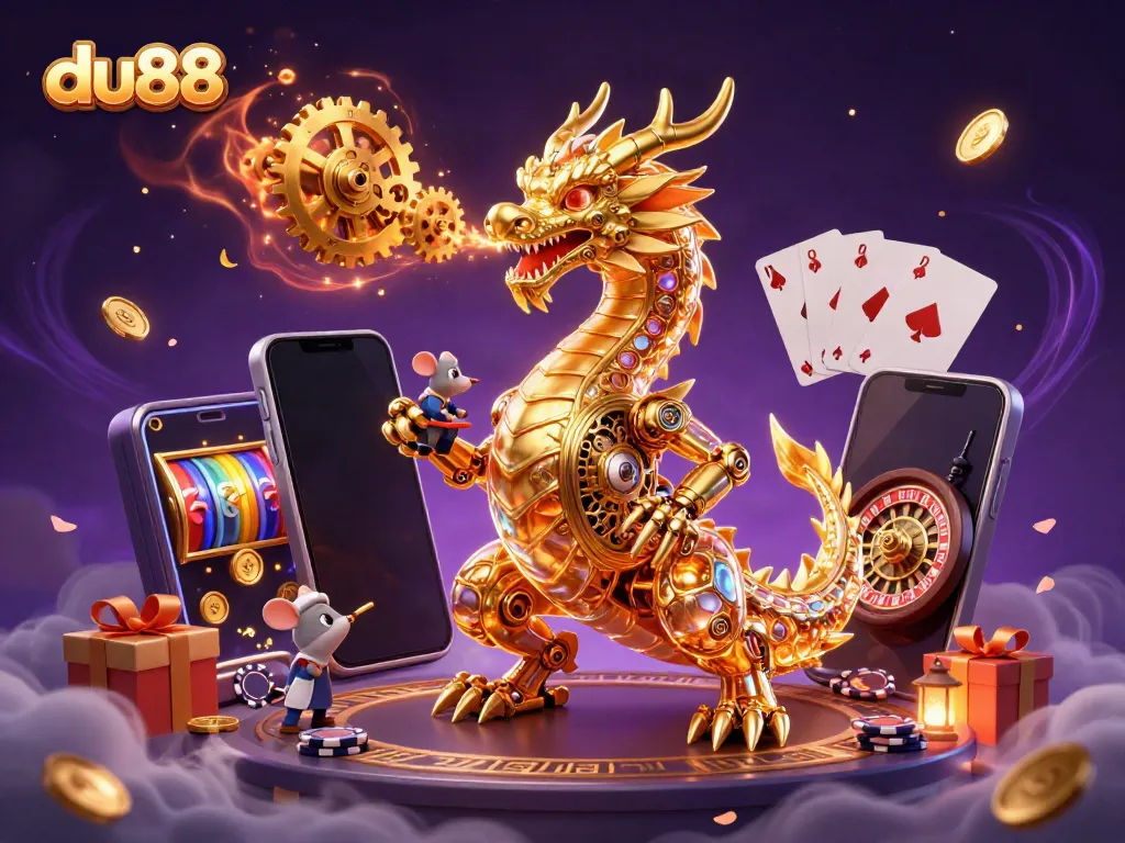 Engage in thrilling gameplay at du88 with a colorful slot game and dragon illustration.