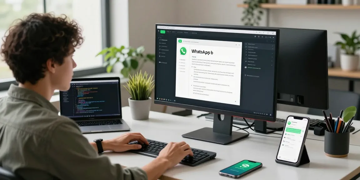 Person using WhatsApp網頁版 on a modern workspace, showcasing digital communication tools and a sleek environment.