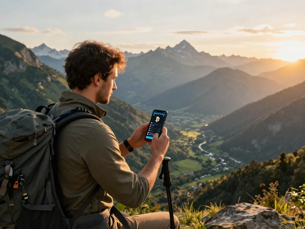 Una persona contemplando un paisaje montañoso mientras busca información para comprar btc.