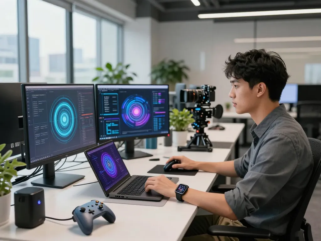 Discover the latest tech gadgets 2089 in a modern workspace with Bluetooth devices.