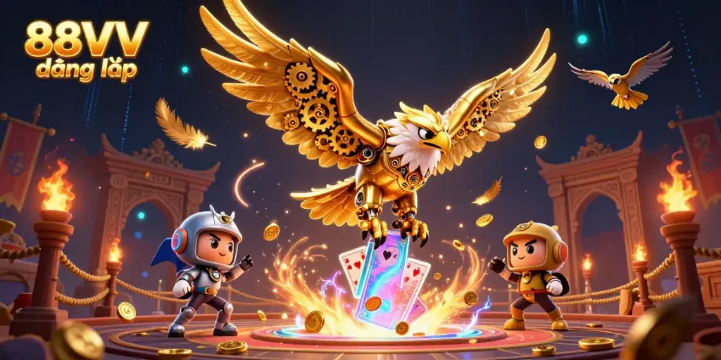 Experience thrilling action with the 88VV đăng nhập brand showcasing a cybernetic eagle in an exciting casino scene.
