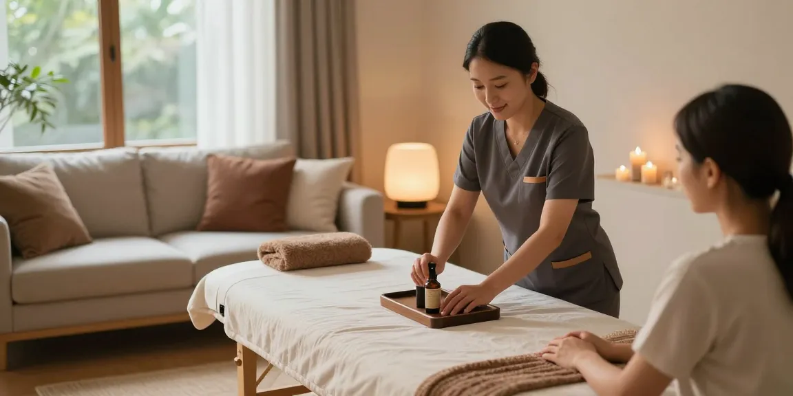출장안마 service preparation in a calming living room with professional therapist and soothing ambiance.