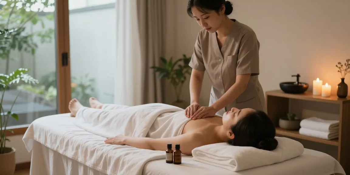 안양출장마사지 session in a serene wellness room with calming elements and natural light.