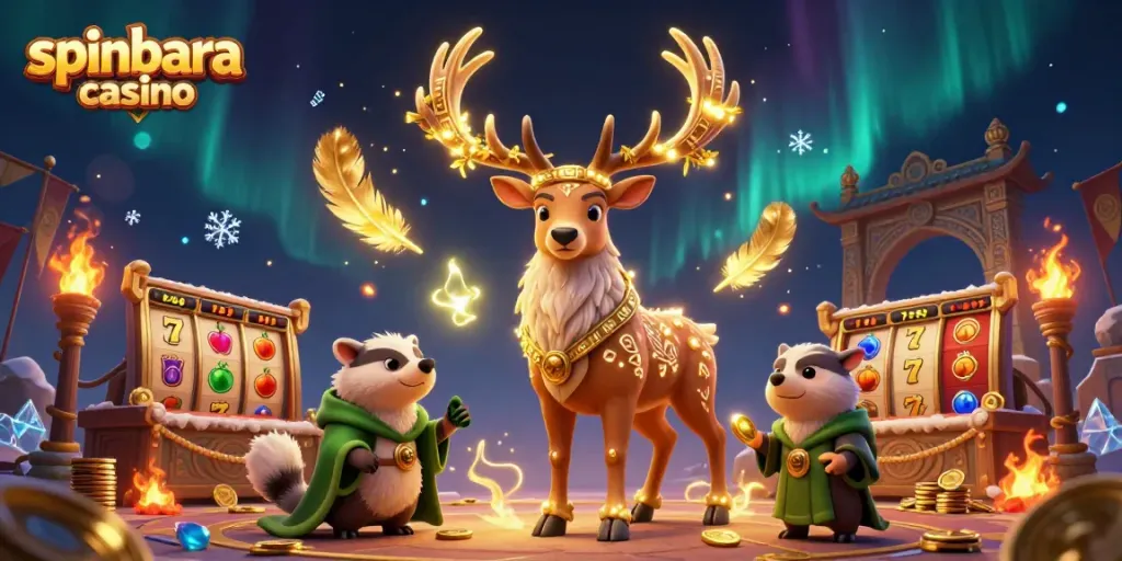 Spinbara casino features a lively 3D scene with characters among slot reels and glowing coins.