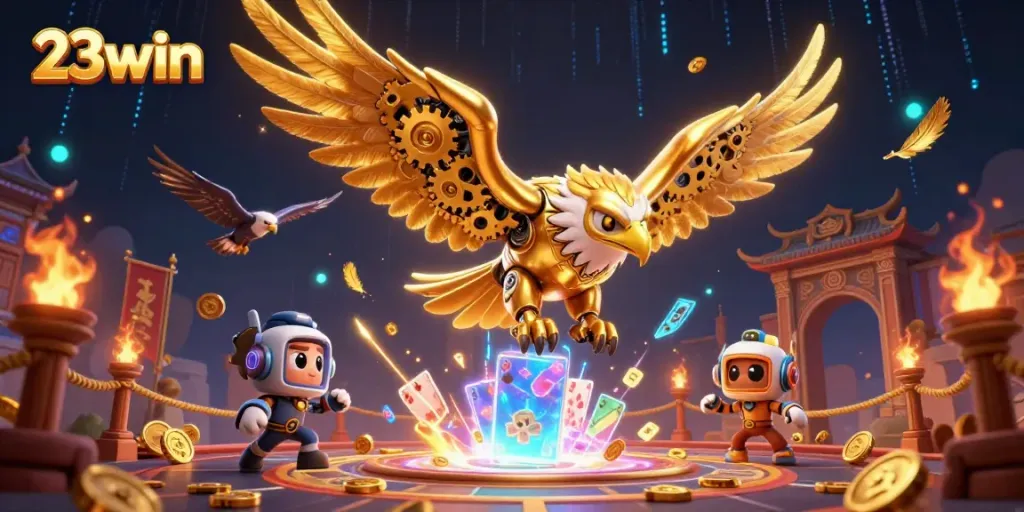 Experience intense gameplay at 23win with dynamic holographic cards and golden elements reflecting the thrill of online betting.