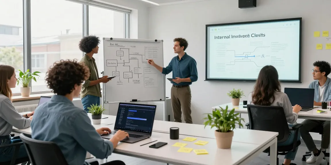 Team collaborating to build internal tools with AI in a modern workspace