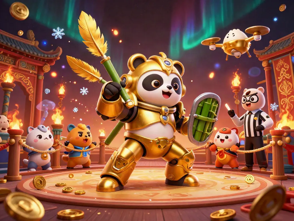 Experience thrilling gameplay at Hitclub with a golden panda in a mech-suit battling surrounded by vibrant casino elements.