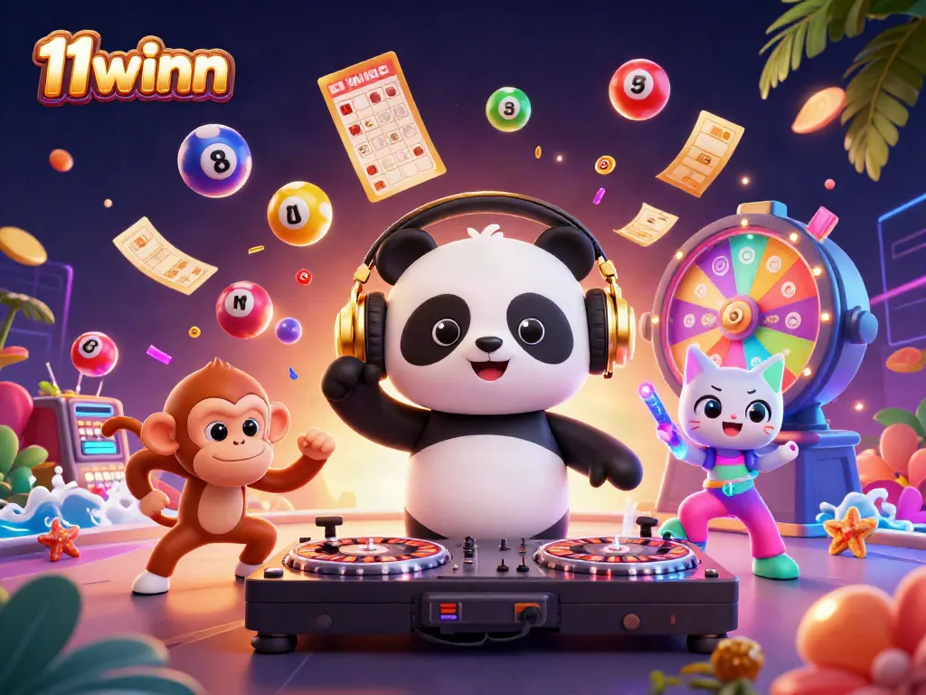 Experience the excitement of 11winn with cartoon characters spinning casino games and vibrant lottery elements.