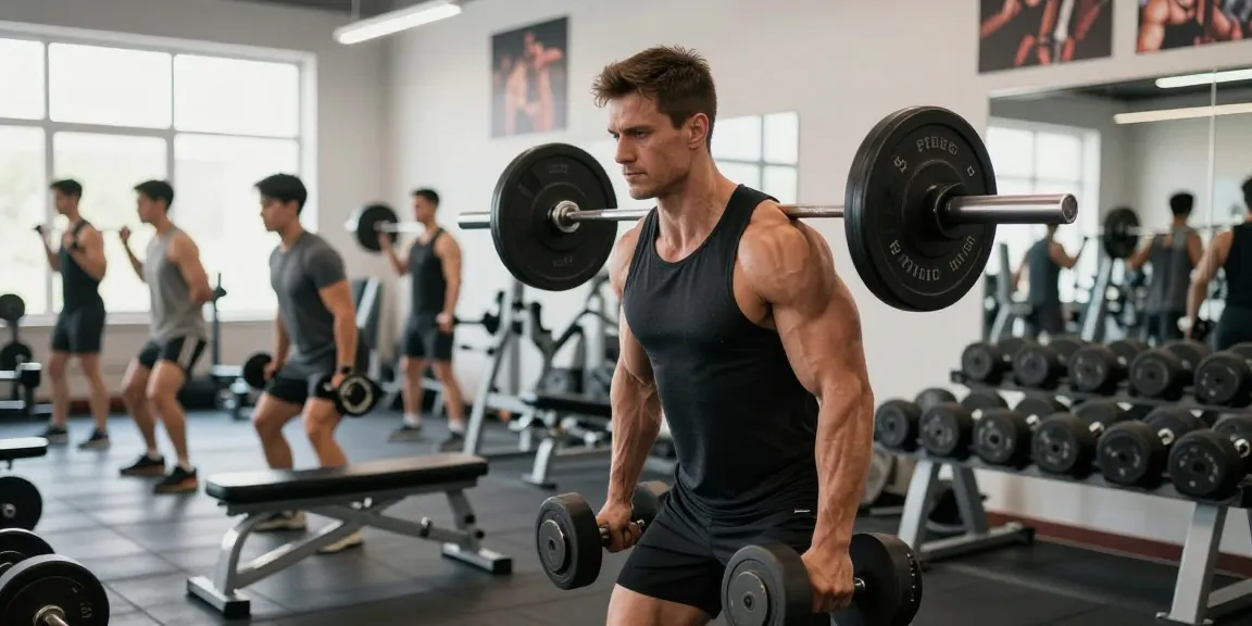 Esteroidesshop muestra el rendimiento del culturismo en una escena dinámica de gimnasio con un atleta levantando pesas.