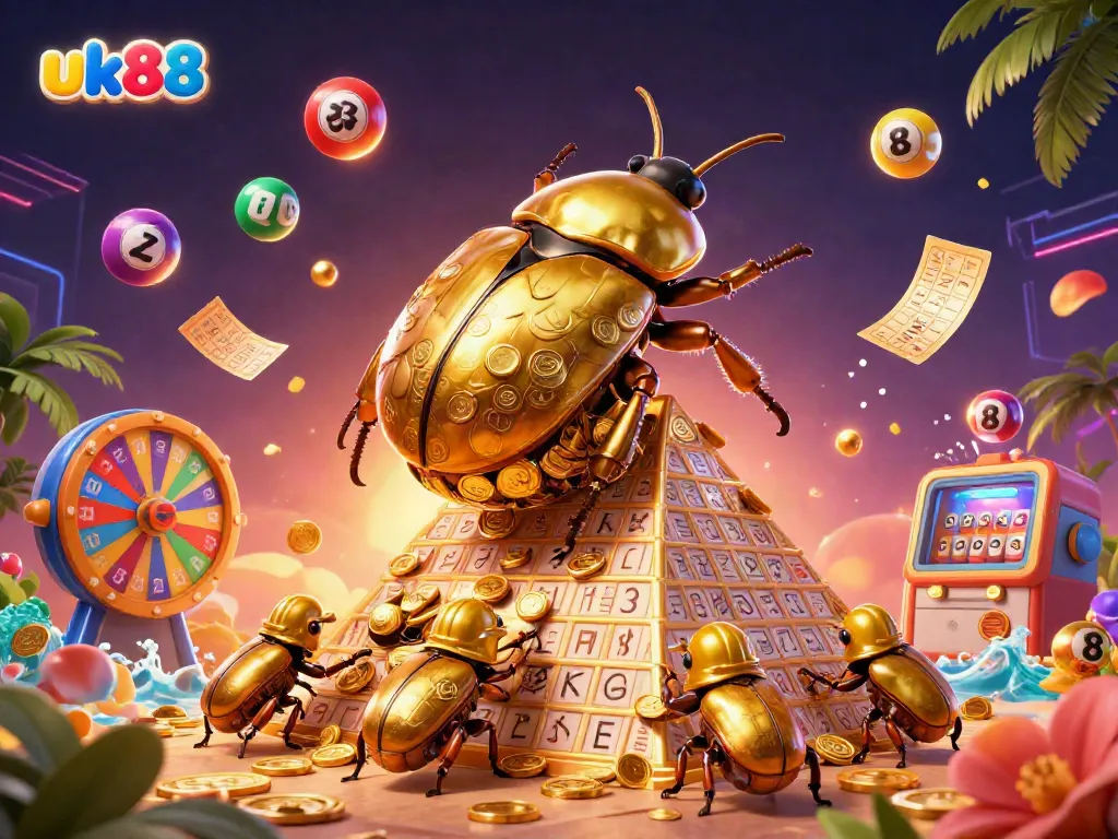 Engage with the vibrant world of uk88 as a golden dung beetle navigates a treasure-filled pyramid alongside its helpers in a lively casino scene.