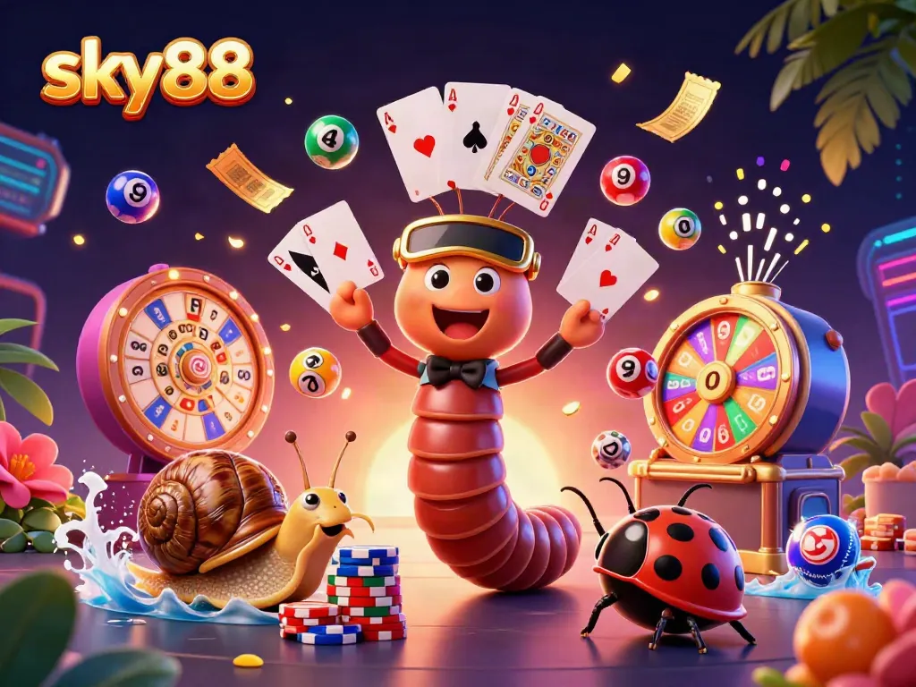 Engaging illustration of sky88 featuring a millipede dealer with cards, lottery elements, and vibrant casino atmosphere.