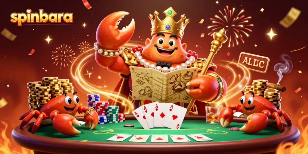 Spinbara Casino brings excitement with slots, poker, and golden treasures in a vibrant illustration.