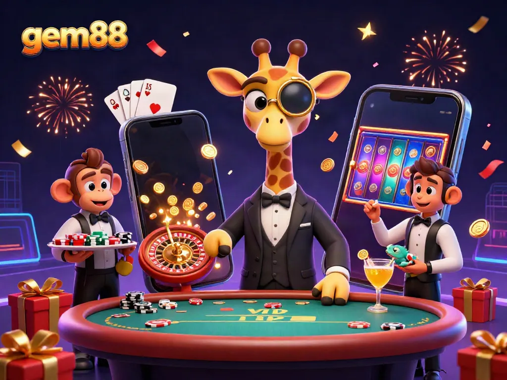 Experience the vibrant energy of gem88 with a high-roller giraffe and dynamic casino elements in a lavish scene.