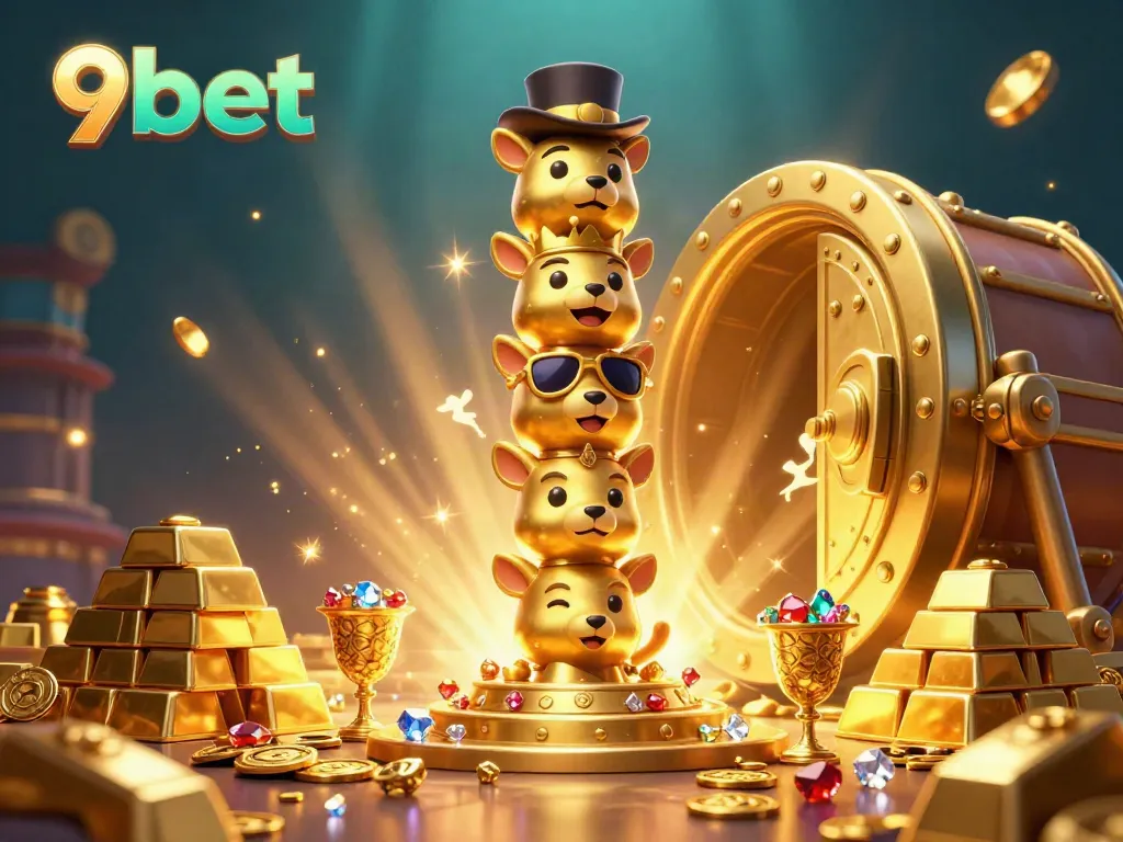 Engage with 9bet's vibrant casino atmosphere showcasing golden treasures and dynamic characters.