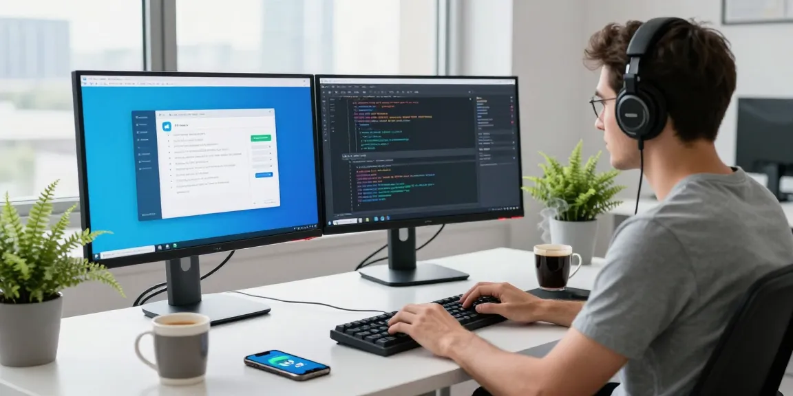 Engaged developer using Telegram Web on multiple monitors in a modern workspace.