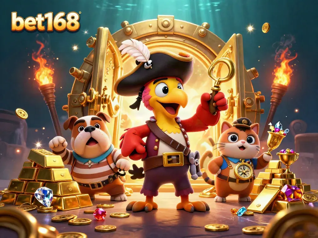 Experience the thrill of bet168 with a colorful pirate scene featuring treasure, gold, and adventure.