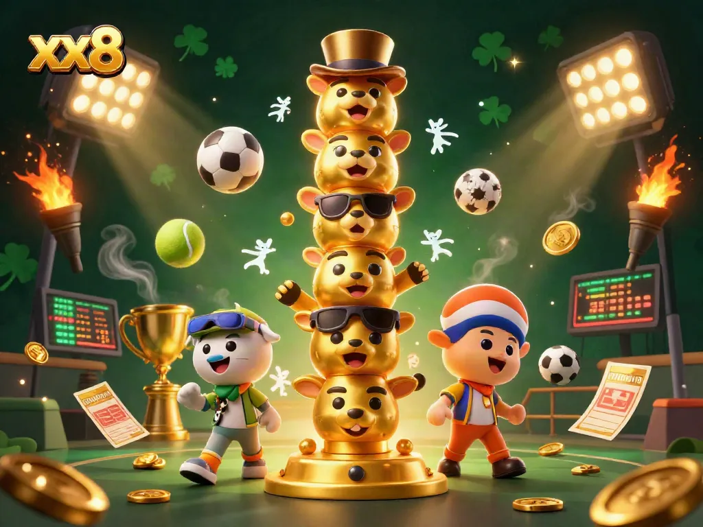 Experience thrilling betting action with xx8's dynamic casino illustration showcasing vibrant sports elements.